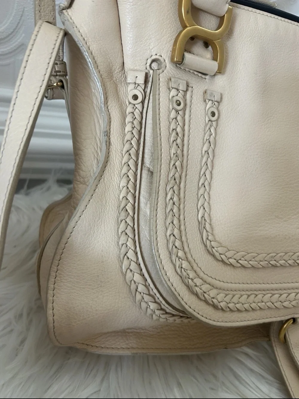Chloe Beige Braided Satchel with Gold Hardware
